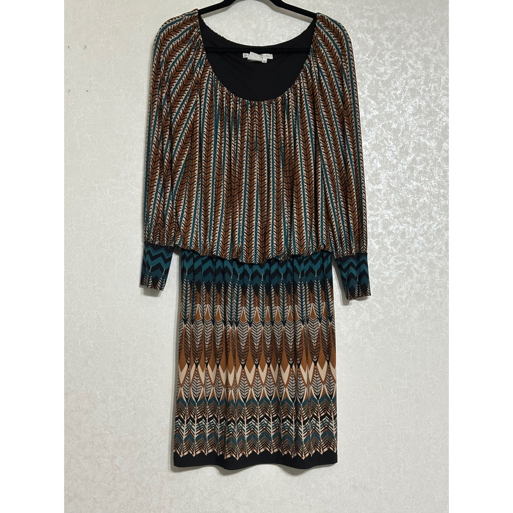 Maggy London Geometric Feather Print Blouson Sheath Dress Teal Brown Boho Sz 12‎